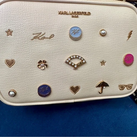 NWT KARL LAGERFELD Maybelle beige fun Embellished pins Crossbody Bag double zip - Picture 2 of 6